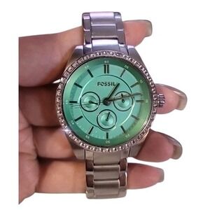FOSSIL Women's TEAL FACE Stainless Steel GLITZ BQ1766 Boyfriend Needs Battery